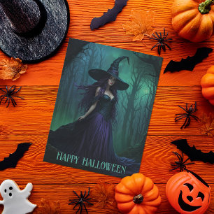 Cartão Postal Bruxa de Halloween Wicked em Roxo e Negro