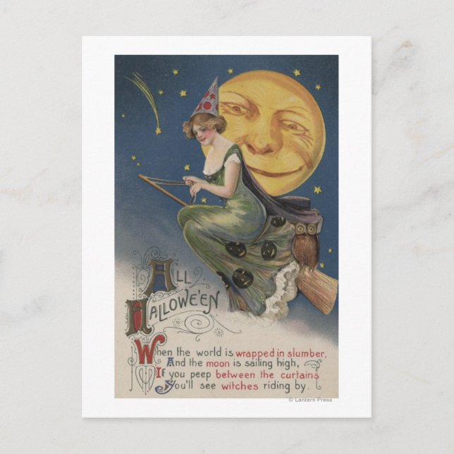 Cartão Postal Bruxa de Saudação de Halloween no Voo (Frente)
