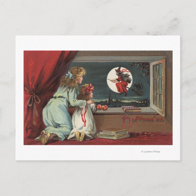 Cartão Postal Bruxa de Saudação do Halloween da Janela (Frente)