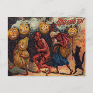 Cartão Postal Bruxa Diabo Gato Preto Jack O' Lantern