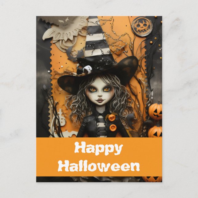 Cartão Postal bruxa do Halloween com abóboras (Frente)