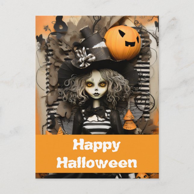 Cartão Postal bruxa do Halloween com abóboras (Frente)