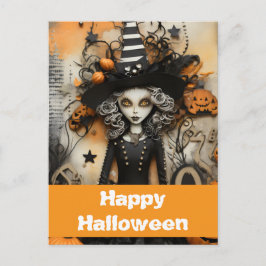 Cartão Postal Bruxa do Halloween com abóboras