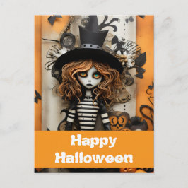 Cartão Postal Bruxa do Halloween com abóboras