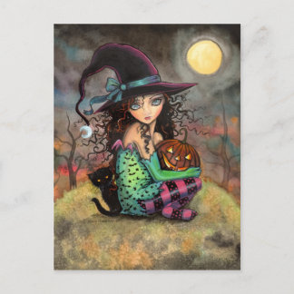Cartão Postal Bruxa do Halloween Gato Preto e Jack-O-Lantern