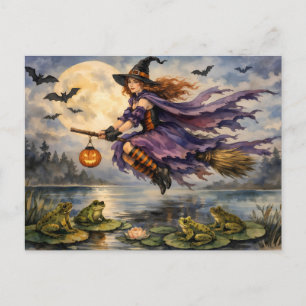 Cartão Postal Bruxa do Halloween Voando Sobre a Lagoa com Rãs