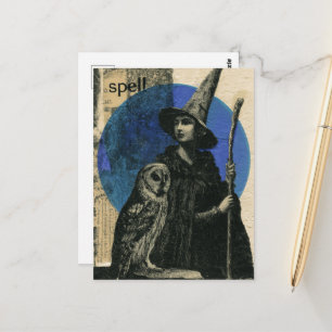 Cartão Postal Bruxa e Coruja Colagem de Feitiço Retro