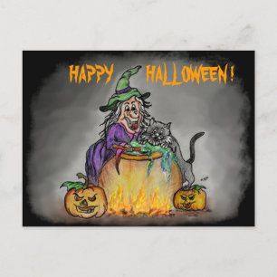 Cartão Postal Bruxa e gato, Feliz Halloween!