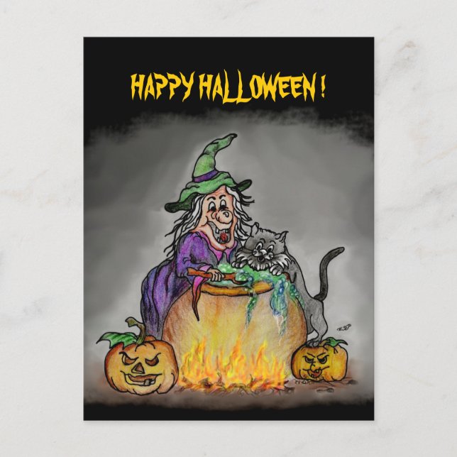 Cartão Postal Bruxa e gato, Feliz Halloween! (Frente)