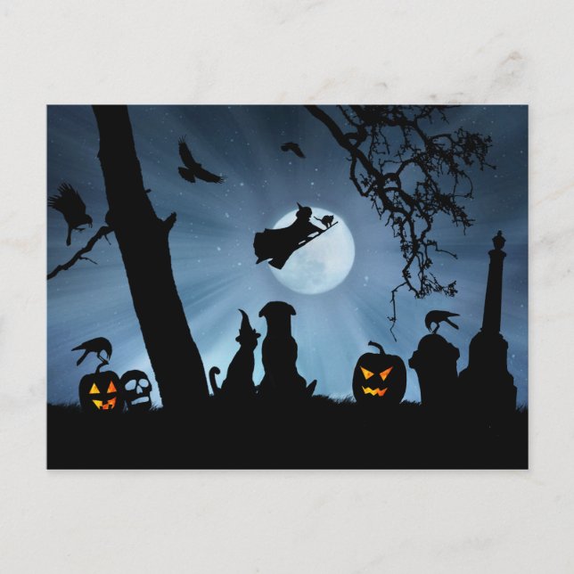 Cartão Postal Bruxa e Halloween de Cachorro e Gato (Frente)