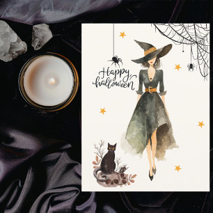 Cartão Postal Bruxa Elegante Gato Aranhas Gótico Halloween Vinta