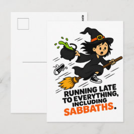 Cartão Postal Bruxa engraçada com TDAH atrasada no Halloween