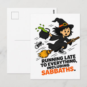 Cartão Postal Bruxa engraçada com TDAH atrasada no Halloween 