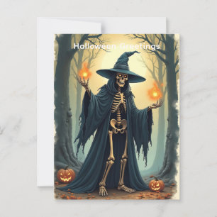 Cartão Postal Bruxa Esqueleto Clássica Saudação de Halloween Vin