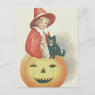 Cartão Postal Bruxa Fofa Gato Preto Jack O Lantern