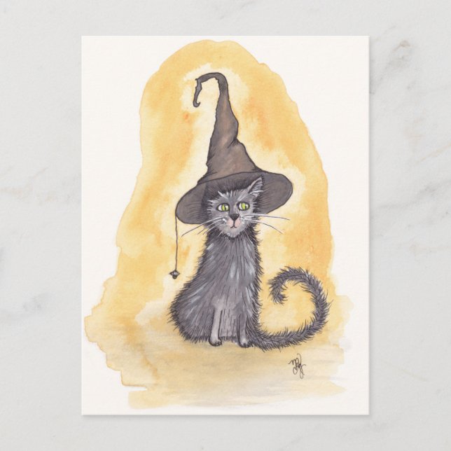 Cartão Postal Bruxa Gatinho de Halloween (Frente)