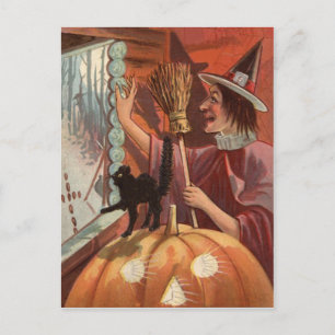 Cartão Postal Bruxa Gato Preto Abóbora Jack O Lantern