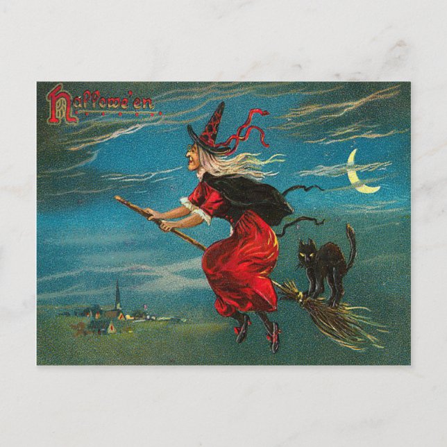 Cartão Postal Bruxa Gato Preto Voador Lua Crescente (Frente)