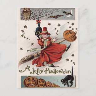 Cartão Postal Bruxa Jack O Lantern Gato Preto Morcego Coruja