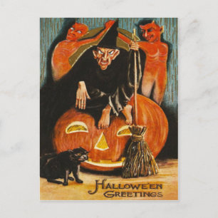 Cartão Postal Bruxa Jack O Lanterna Diabo Demônio Gato Preto
