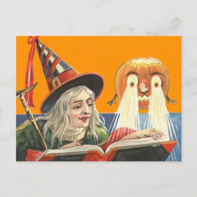 Cartão Postal Bruxa Lendo Abóbora de Jack O Lantern (Frente)
