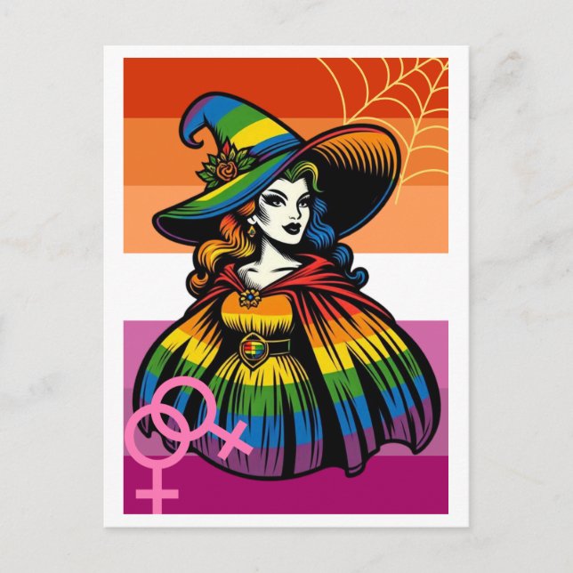 Cartão Postal Bruxa Lésbica No Arco-Íris (Frente)
