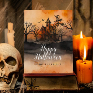 Cartão Postal Bruxa Maligna Laranja Preto Casa Assombrada Hallow