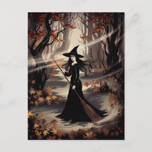 Cartão Postal Bruxa moderna da moda de Halloween na floresta (Frente)