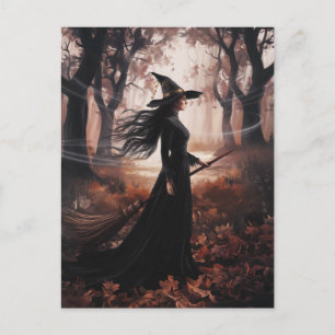 Cartão Postal Bruxa moderna da moda de Halloween na floresta