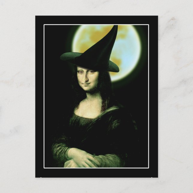 Cartão Postal Bruxa Mona Lisa Halloween Lua Cheia (Frente)
