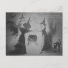 Cartão Postal Bruxa Monocromática Noite do Cauldron Morcego Gato