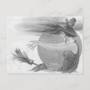 Cartão Postal Bruxa Monocromática Vassoura da Lua Cheia Magia Fe