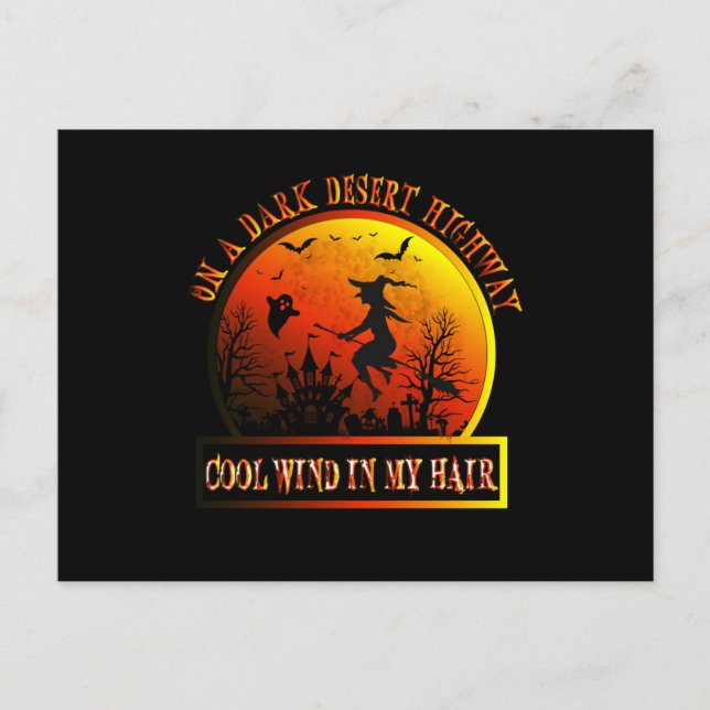 Cartão Postal Bruxa Montando Vassouras Em Um Deserto Escuro (Frente)