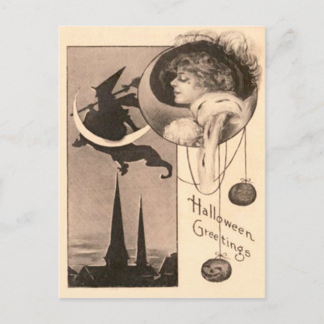 Cartão Postal Bruxa Mulher Lua Crescente Jack O' Lantern (Frente)