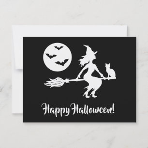 Cartão Postal Bruxa Num Cavo Preto E Branco Feliz Halloween