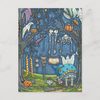 CARTÃO POSTAL BRUXA PENDURANDO GATO PRETO, FANTASMA, ESQUELETO R