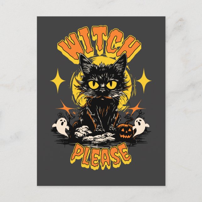 Cartão Postal Bruxa Por Favor Gato Preto Halloween (Frente)