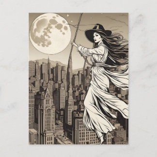 Cartão Postal Bruxa sobre a Cidade sob a Lua Cheia, Halloween