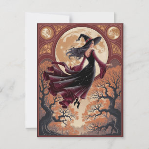 Cartão Postal Bruxa Spooky do Halloween voando através de uma lu