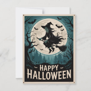 Cartão Postal Bruxa Spooky do Halloween voando através de uma lu