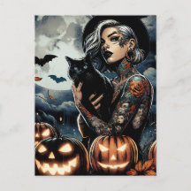 Bruxa Tatuada com Gato Negro e Lua Cheia