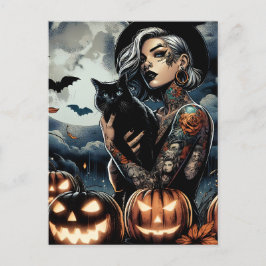 Cartão Postal Bruxa Tatuada com Gato Negro e Lua Cheia