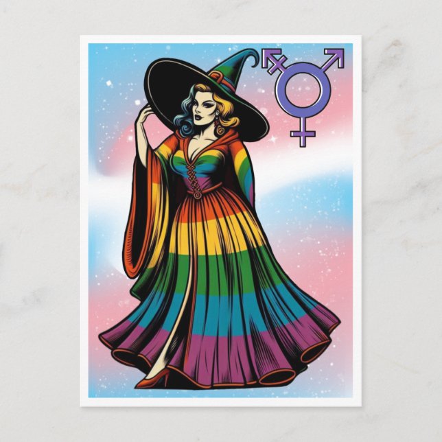 Cartão Postal Bruxa Transgênero Em Vestuário De Bandeira Arco-Ír (Frente)