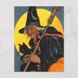 Cartão Postal Bruxa Vintage com gato preto