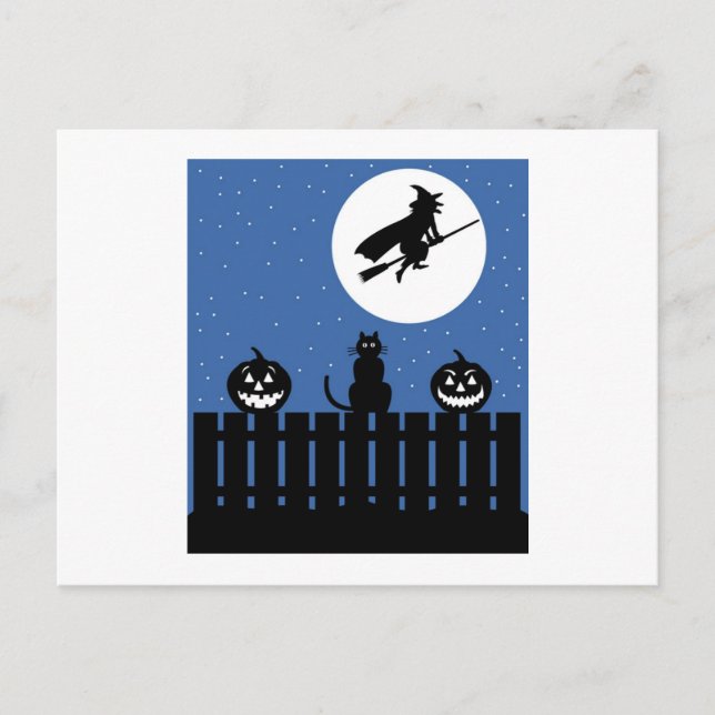 Cartão Postal Bruxa Voadora, Abóboras, Contemporâneo de Gato (Frente)
