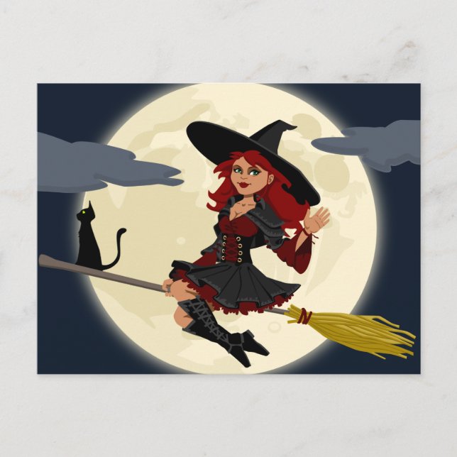 Cartão Postal Bruxa Voadora de Halloween (Frente)