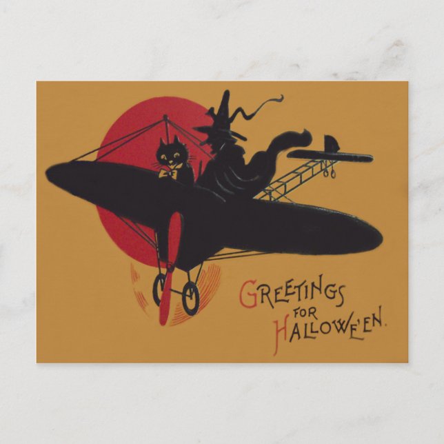 Cartão Postal Bruxa Voadora Gato Preto Avião Lua Cheia (Frente)