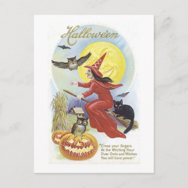 Cartão Postal Bruxa Voadora, Morcegos, Gato, Lua de Coruja (Frente)