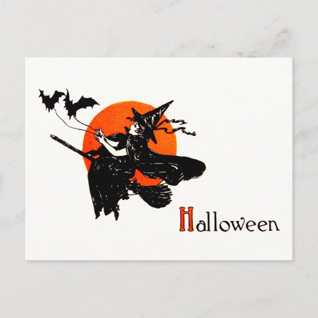 Cartão Postal Bruxa Voadora Vassoura Lua Cheia Morcego (Frente)
