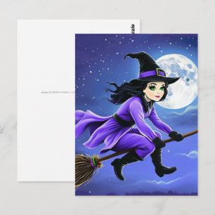 Cartão Postal Bruxa voando numa vassoura - Wicca Halloween 1